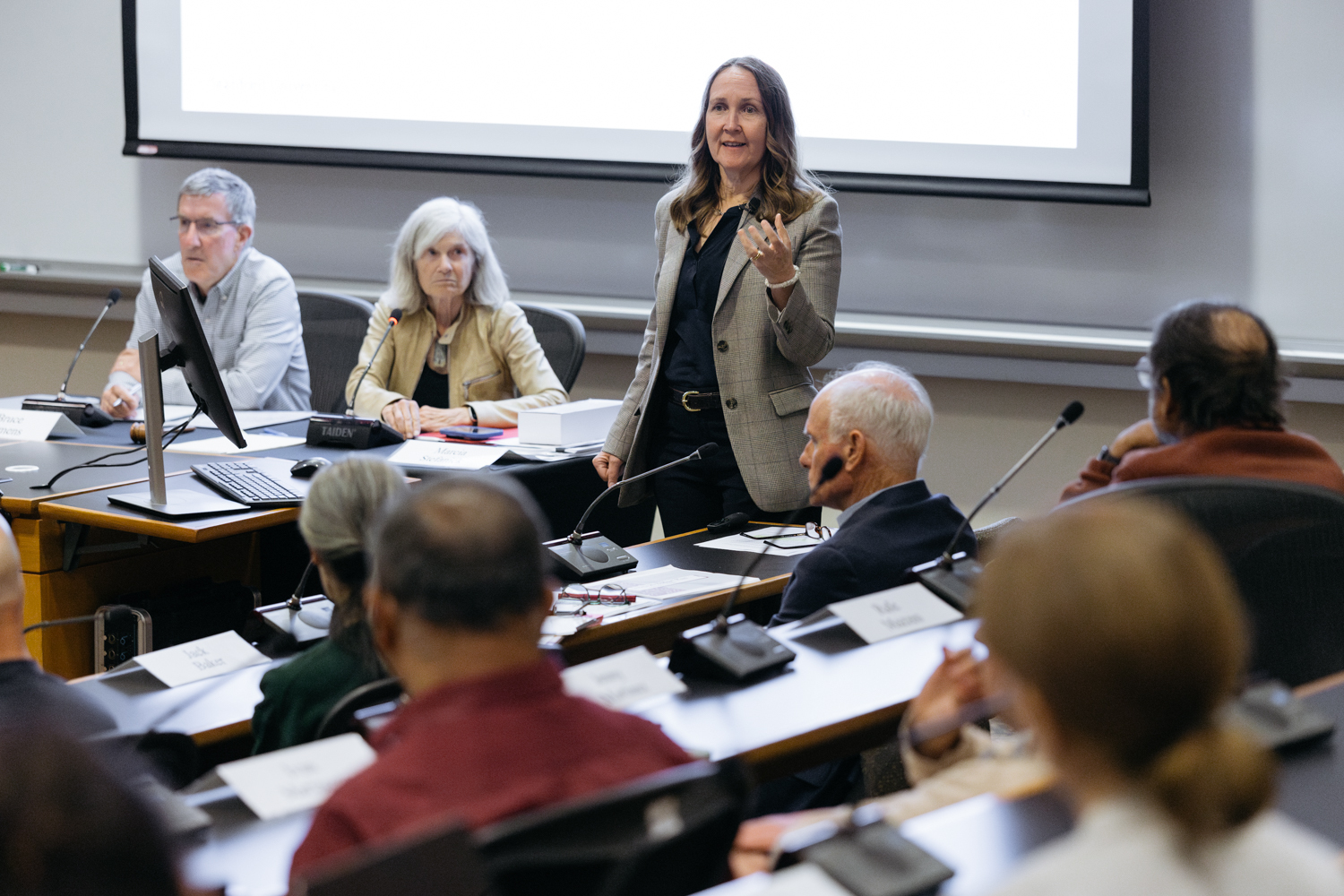 Provost Jenny Martinez discusses the 2025-26 budget at the Faculty Senate on June 12, 2025.